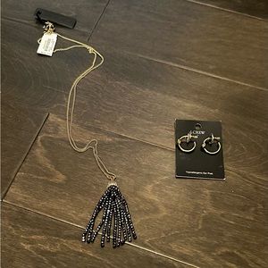 J.Crew Gold earrings and long gold and black pendant necklace